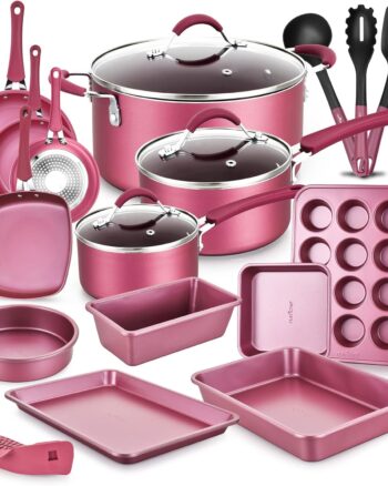 NutriChef Metallic Pots and Pans Set Non Stick, 20 Pcs Induction Hob Ceramic Cookware, Nonstick Cooking with Frying Pans, Pots and Pan Baking with Lids and Utensils, Saucepan Set, Maroon Pink