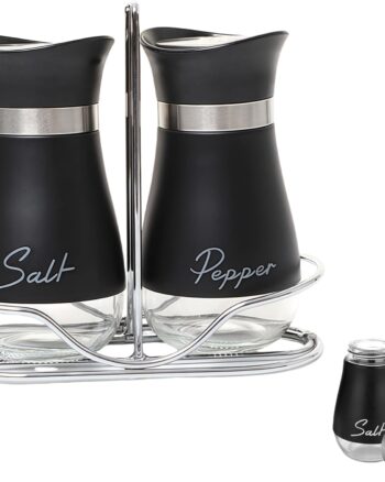 Salt and Pepper Sets with Holder, Glass Bottom Salt Pepper Shaker with Stainless Steel Lid for Kitchen Gadgets Cooking Table, Camp,BBQ Spice Shaker Containers, BBQ Seasoning Bottle Jars (Black)