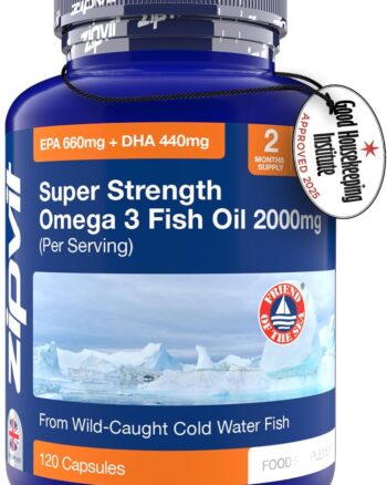 Zipvit Omega 3 Fish Oil 2000mg, EPA 660mg DHA 440mg, Wild-Caught, Cold Water Fish, Supports Heart, Brain & Vision, 120 Softgels, 2 Months Supply, Eco-Friendly Pouch