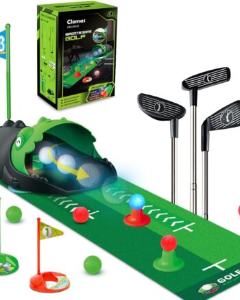 Clemas Upgraded Kids Toy Golf Set with Automatic Ball Returner, Led Light Up Golf Balls, 3 Clubs,Putting Mat, 3-5 Toddler Mini Golf Games, Indoor Outdoor Sport Toys Gifts for Boys Girls Aged 3+ (pink)