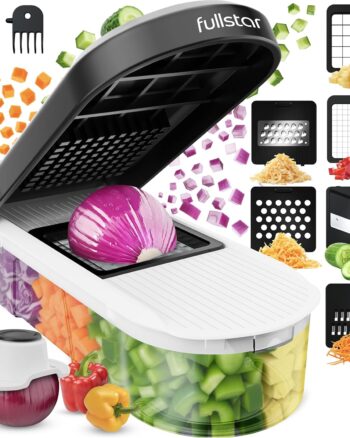 Fullstar Vegetable Chopper & Mandoline Slicer - Julienne Cutter Dicer Grater for Food Veg Onion Cucumber Tomato Salad Potato Cheese - Kitchen Gadgets & Accessories (Compact 6-in-1, White)