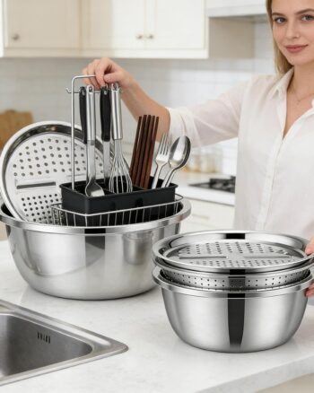 Stainless Steel Washing Bowl | Drainer and Grater | Colander and Drainer Set 26 cm – Multifunctional Baskets for Vegetables Fruits Rice Meal Preparation and Salad Kitchen Dining Room