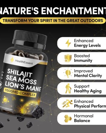 Shilajit Seamoss and Lions Mane Capsules, 11500mg 3-in-1 Brain & Focus Supplement with Ashwagandha & Black Pepper, High Strength Lions Mane Shilajit Blend for Energy & Immunity,120 Vegan Capsules